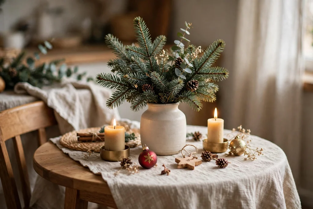 Small round Christmas dining table with a single vase of fir branches, two short candles, and a few ornaments.