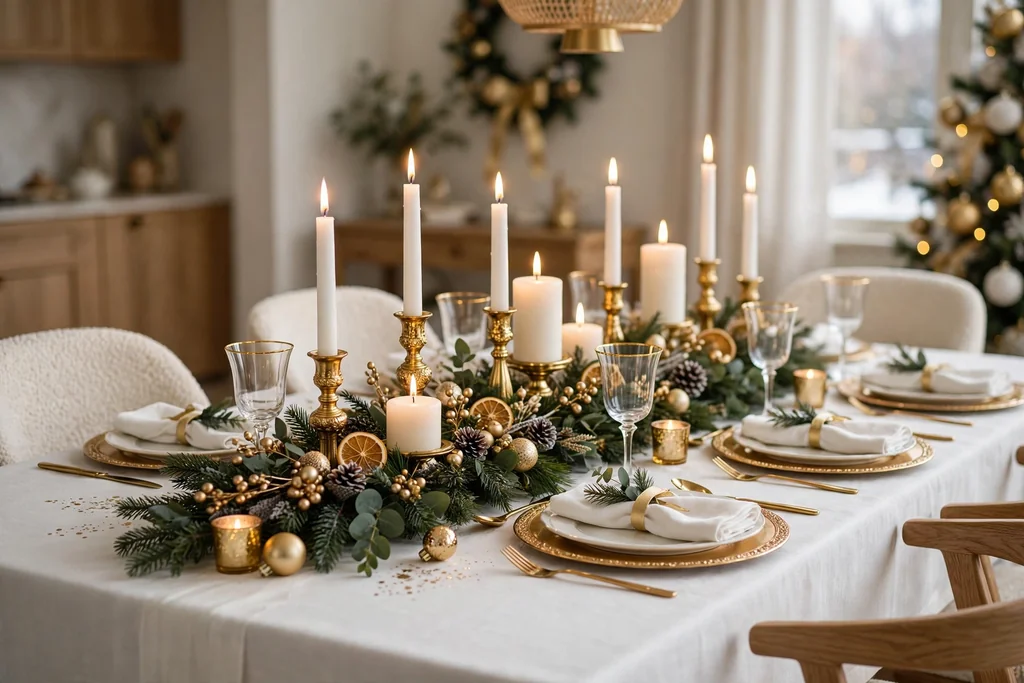 Elegant white and gold Christmas dining table with gold chargers and white candles in gold holders.