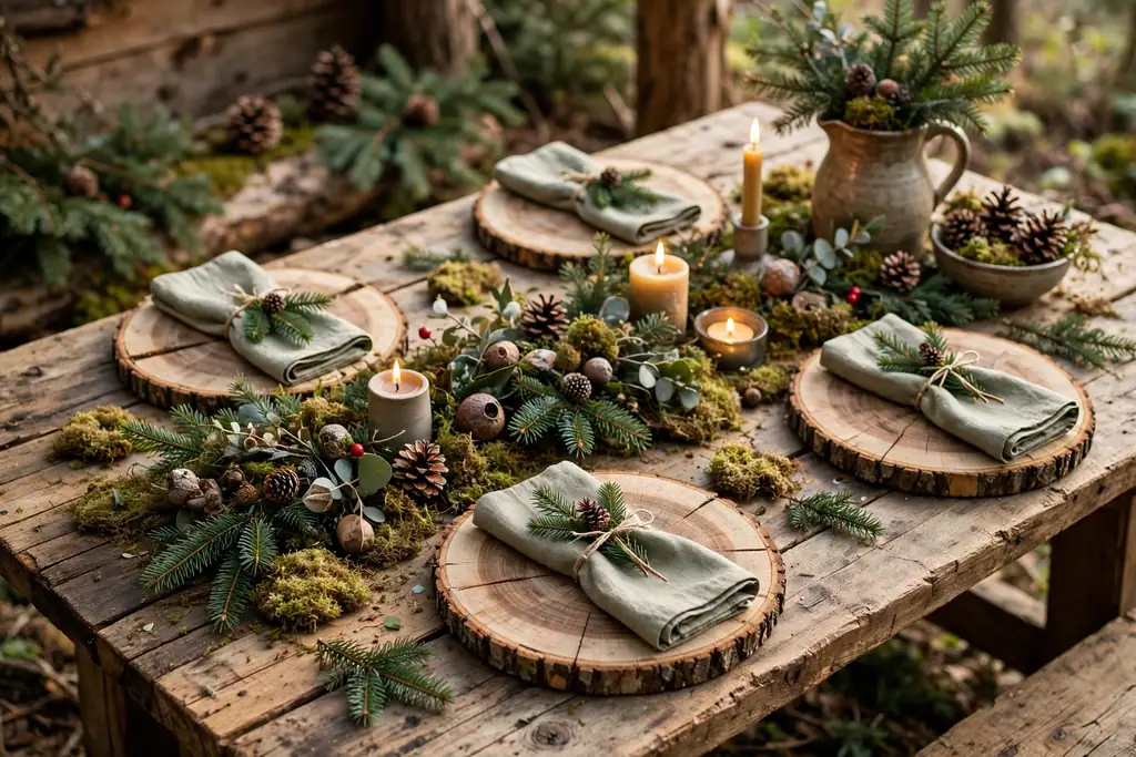 Rustic woodland Christmas dining table with wood slice chargers, moss, pinecones, and fir sprigs.