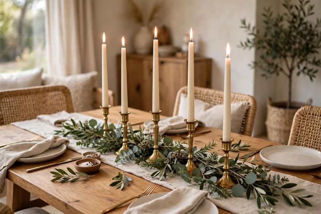 Dining table with tall taper candles in brass holders over a short greenery runner.
