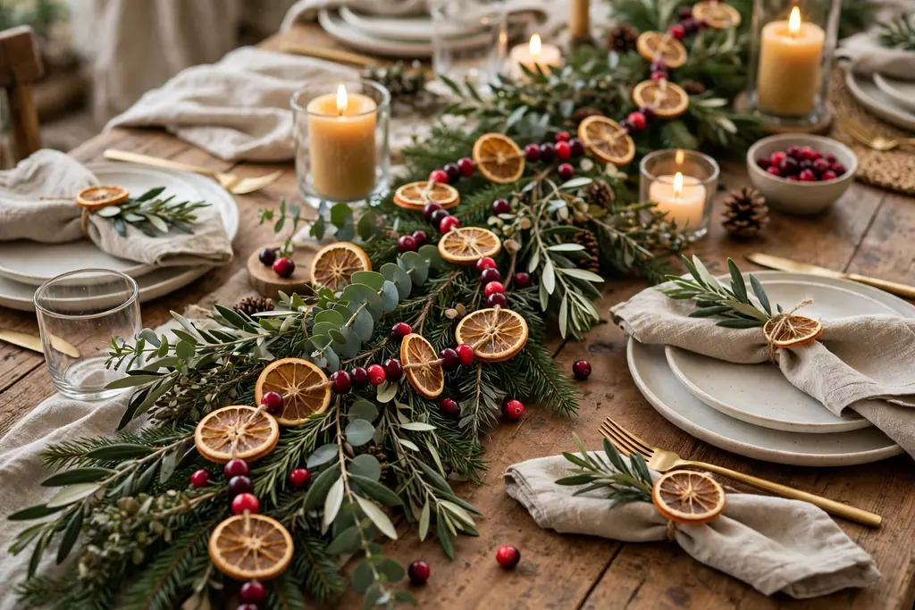 Dining table with cranberry and dried orange slice strands along a greenery runner.