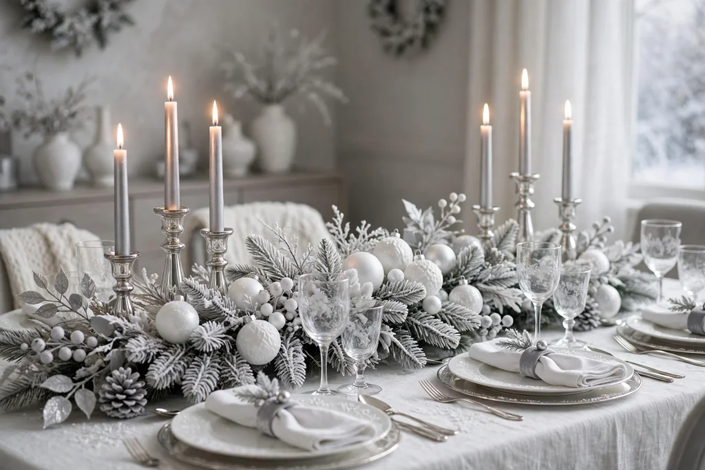 Frosted silver and white Christmas dining table with frosted branches, white ornaments, and silver candles.