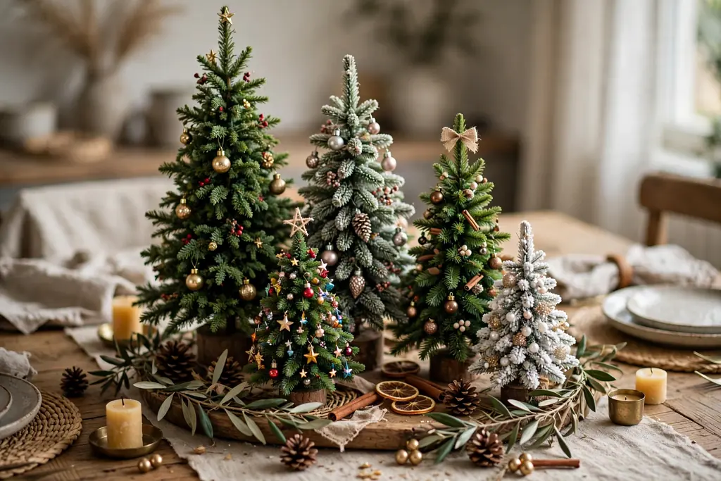 Dining table centerpiece of small mini Christmas trees in varied heights with tiny ornaments.