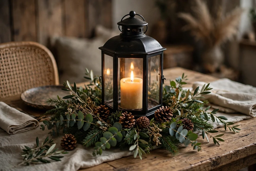 Dining table with a lantern centerpiece, candle glow, greenery, and pinecones at the base.