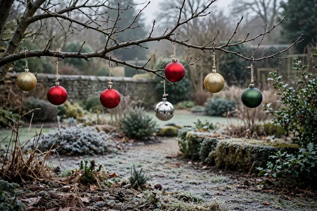 Outdoor baubles hung from bare branches in a winter garden.