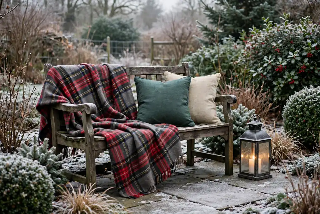 Garden bench dressed with a plaid throw and outdoor cushions.