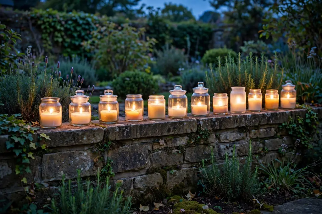 Candle jars lined along the top of a low garden wall.