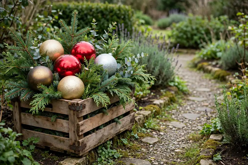 Wooden crate filled with evergreen sprigs and large outdoor baubles.