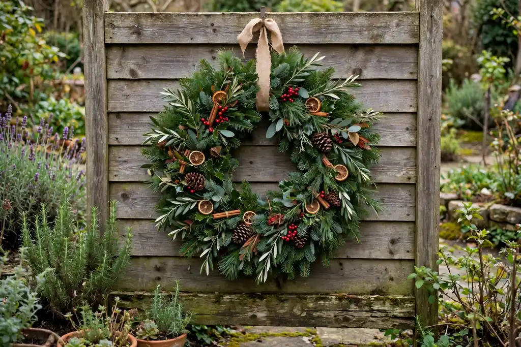 Large evergreen wreath hung on a garden fence panel.