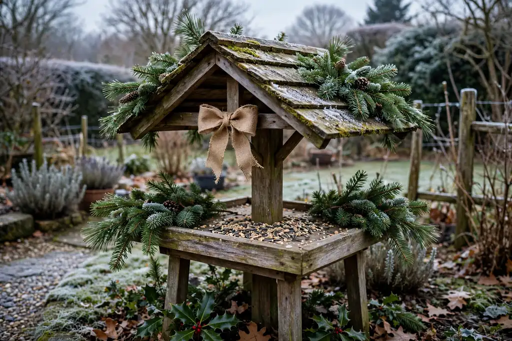 Garden bird table dressed with evergreen sprigs and a simple bow.