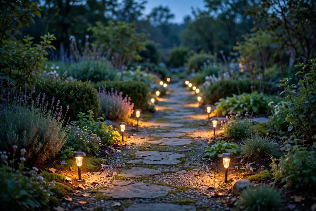 Small festive path lights along the edges of a garden walk.