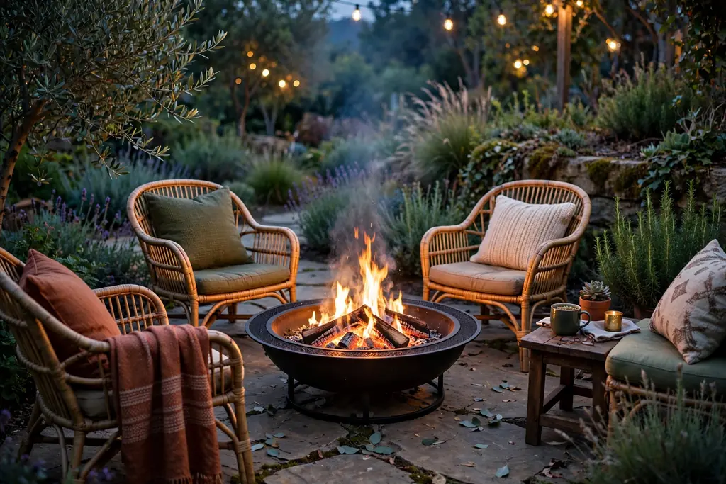 Fire bowl seating corner in a garden with chairs and a small table.