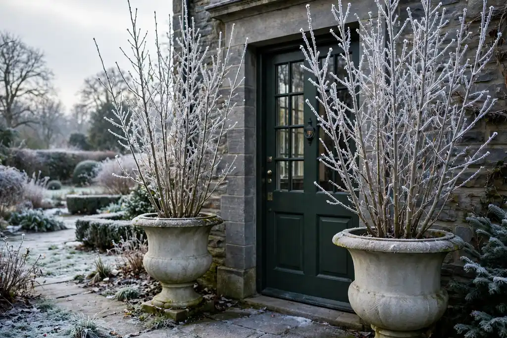 Tall frosted branches standing in large garden urns.