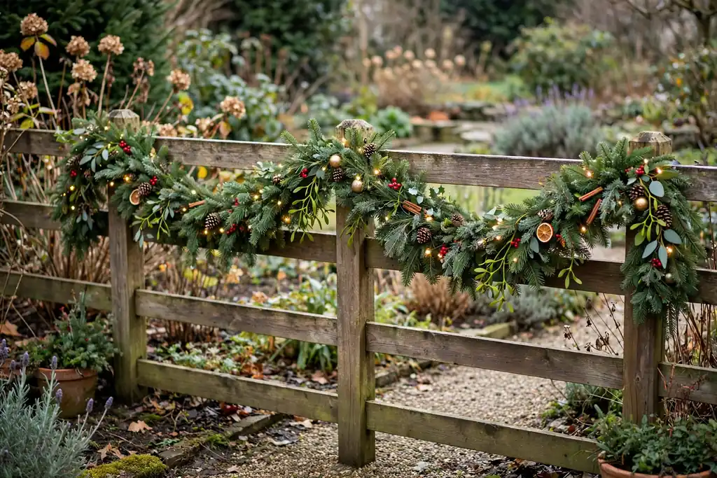 Evergreen garland running along the top of a garden fence.