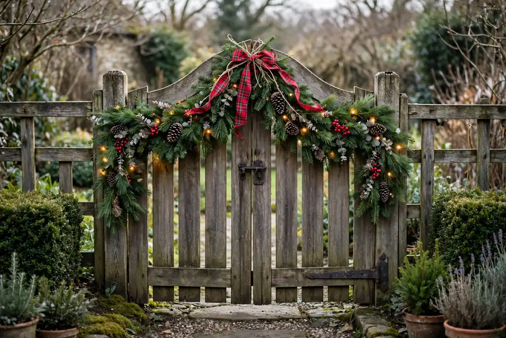 Evergreen garland draped over a garden gate at Christmas.