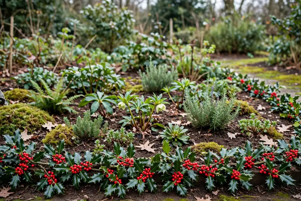 Garden bed edged with holly sprigs and berry branches.