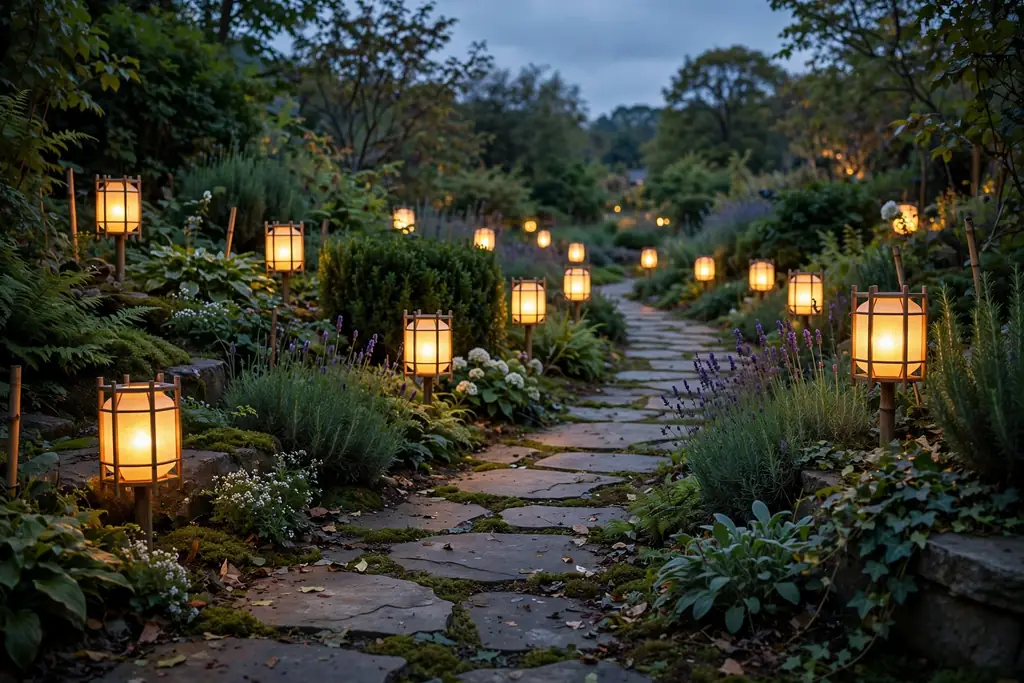 Garden path lined with glowing outdoor lanterns.