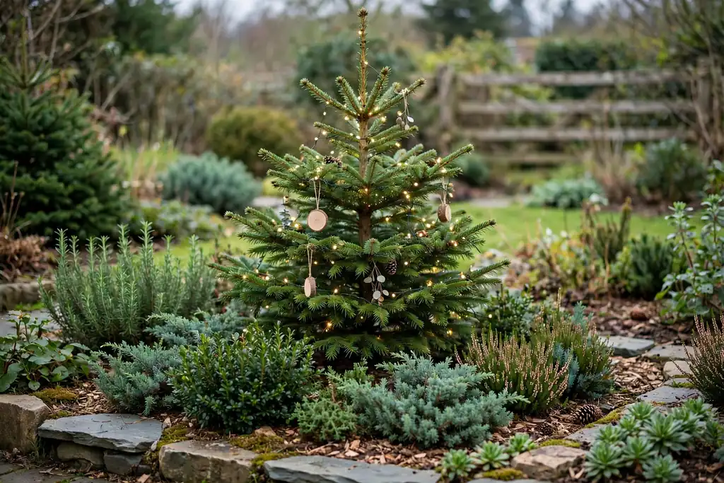 Living Christmas tree in a garden bed with low evergreen plants.