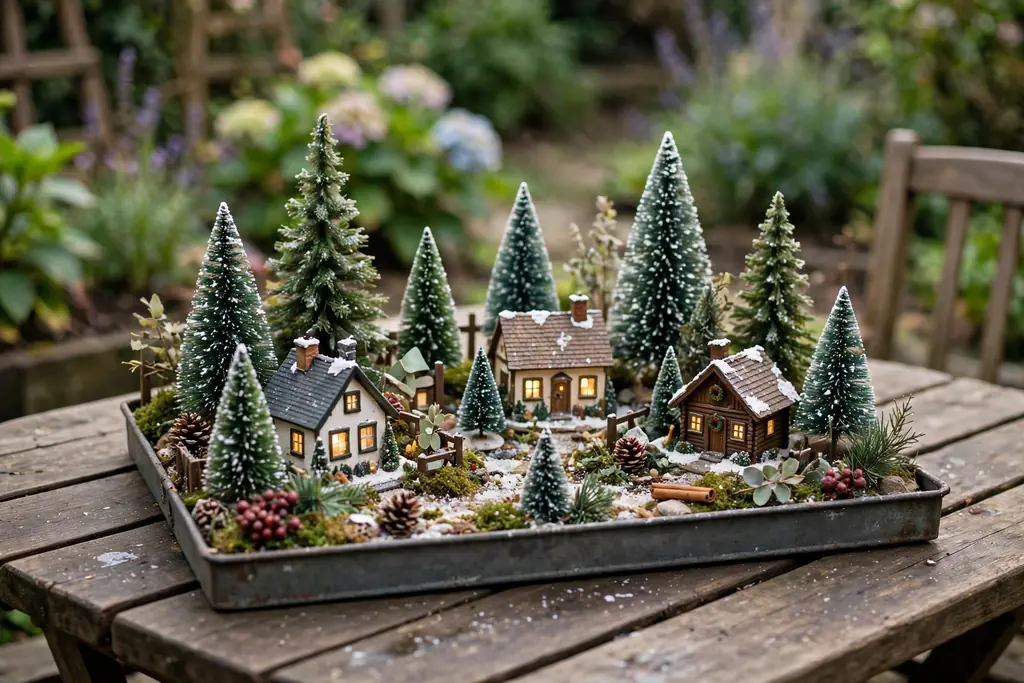 Miniature Christmas scene on a garden table with tiny trees and houses.
