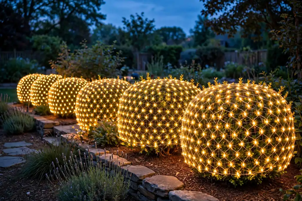 Garden shrubs covered in even net lights at dusk.