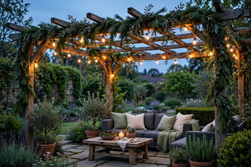 Garden pergola draped with garland and warm string lights.