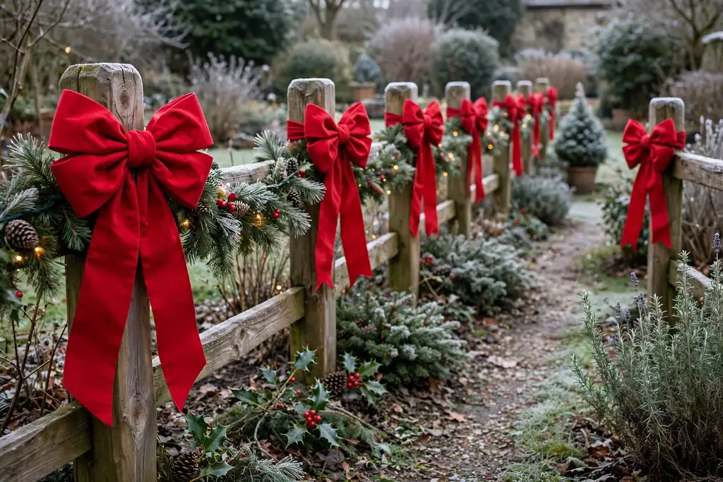 Large red bows tied on garden fence posts along a path.