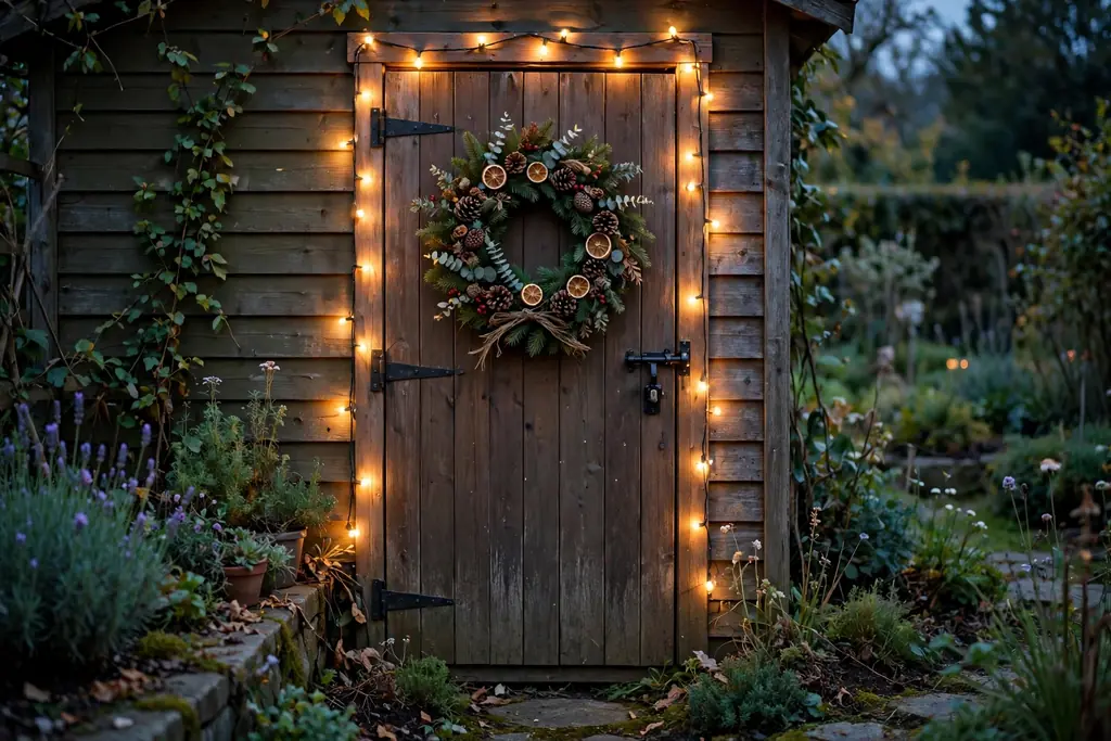 Garden shed door with a wreath and lights around the frame.