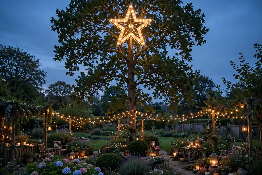 Large lit star on top of a tall garden tree at dusk.