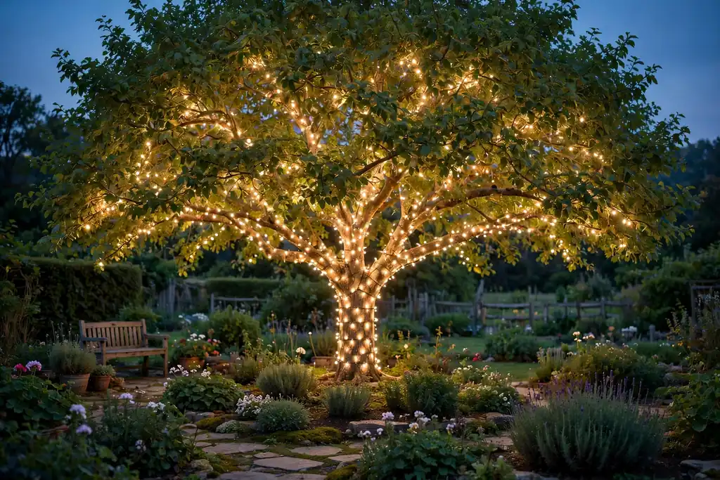Garden tree wrapped in warm string lights at dusk.
