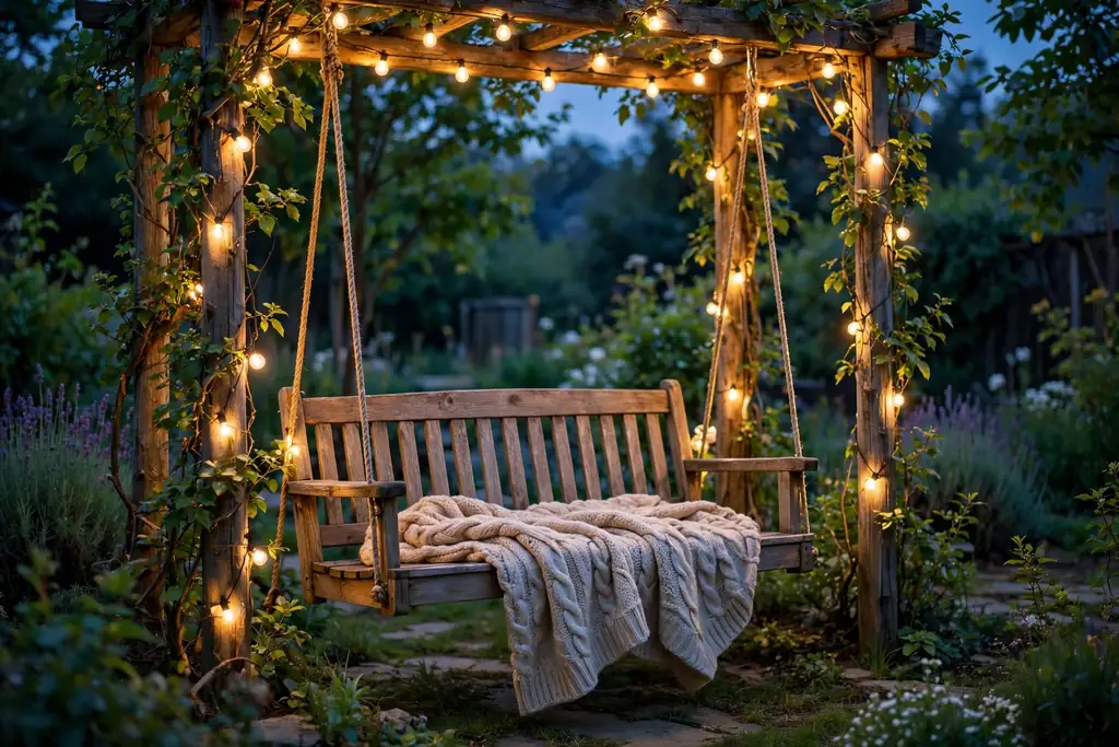 Garden swing wrapped in lights with a thick throw on the seat.