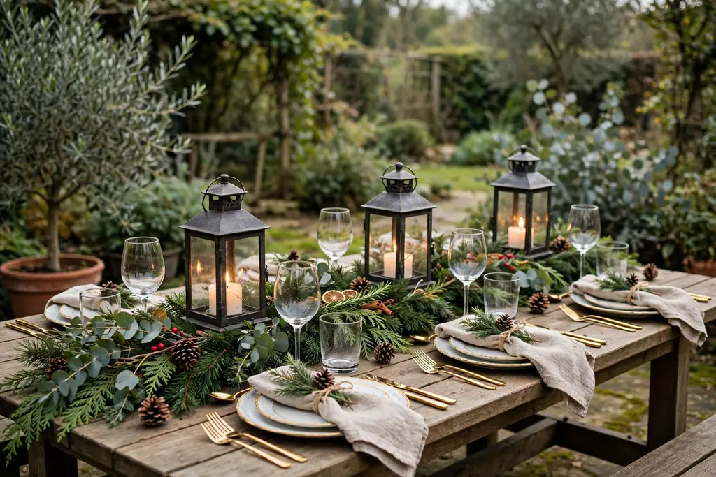 Garden table set for a Christmas meal with an evergreen runner and lanterns.