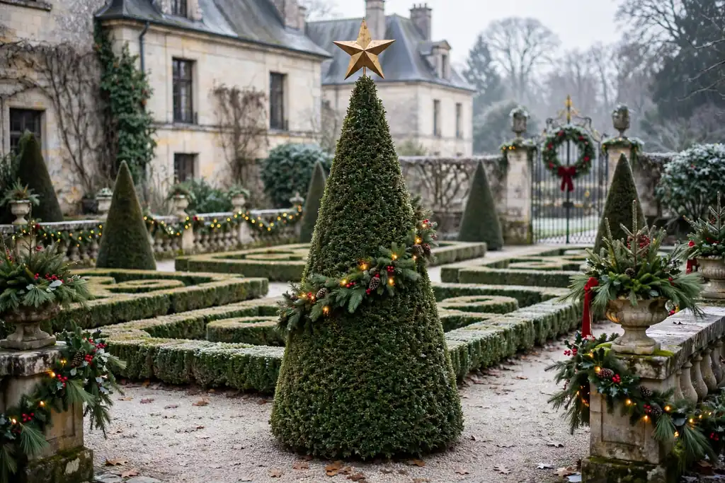 Shaped topiary topped with a simple star in a formal garden.