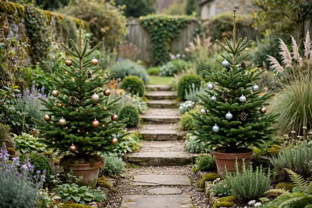 Twin potted Christmas trees flanking a garden path.