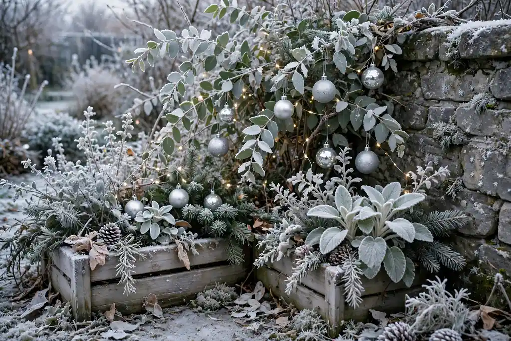 White and silver frosty garden corner with white lights and pale greenery.