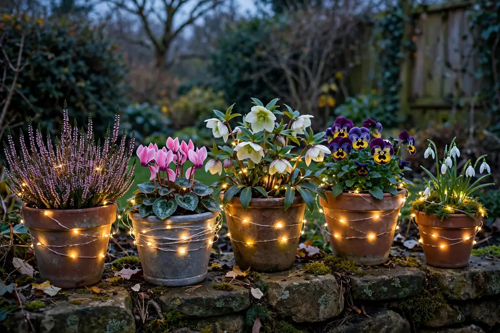 Hardy winter pots with battery lights wound around them at dusk.