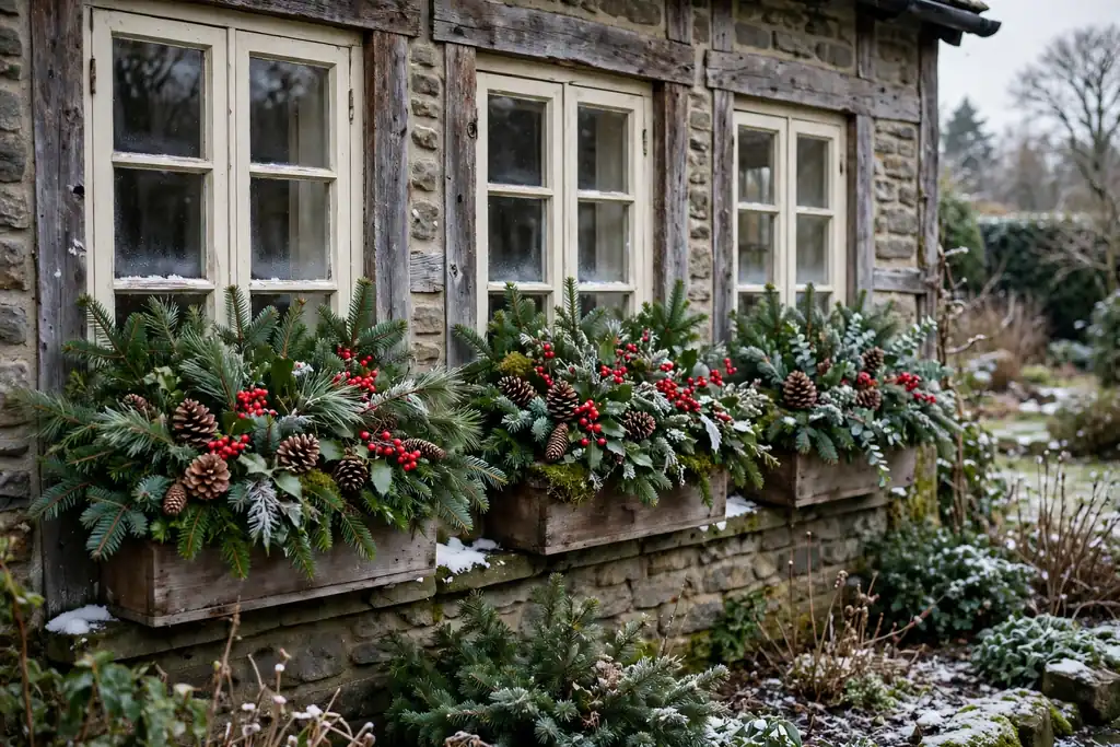 Window boxes filled with evergreen sprigs, pinecones, and red berries.