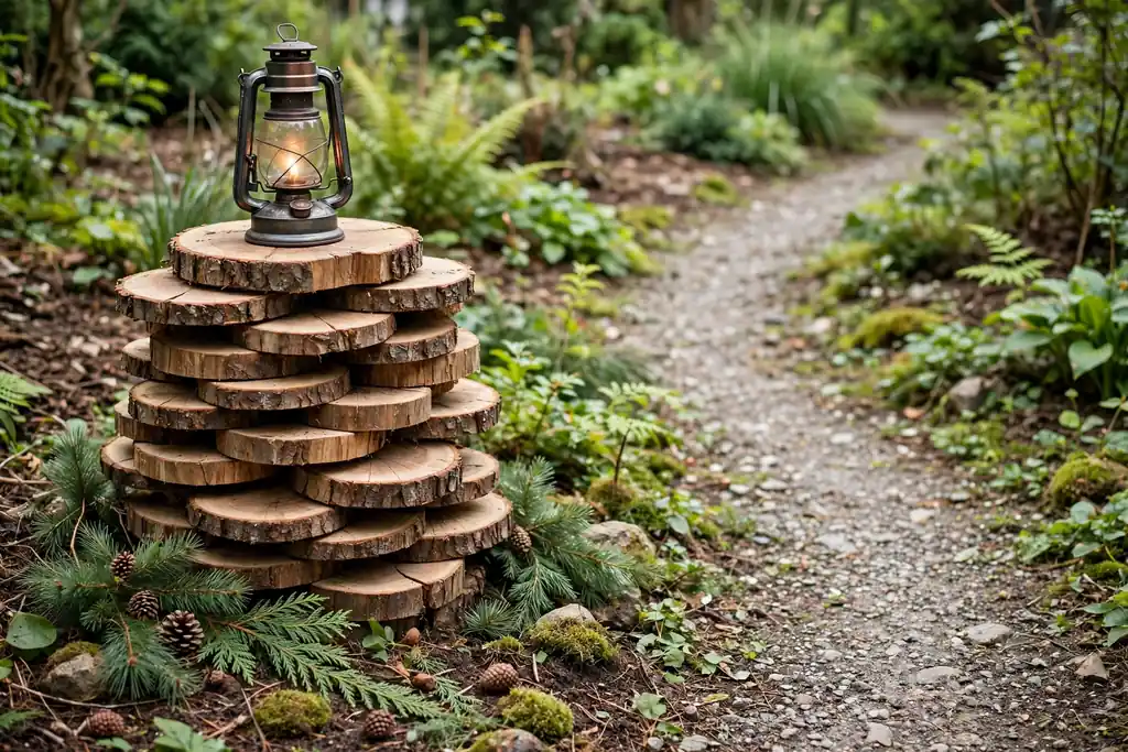 Wood slices stacked beside a garden path with a lantern on top.