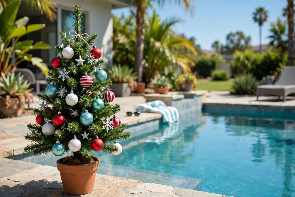 Small artificial Christmas tree in a pot beside a swimming pool with red, white, and aqua ornaments.