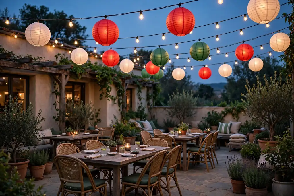 Patio at dusk with outdoor string lights and red, white, and green paper lanterns overhead.