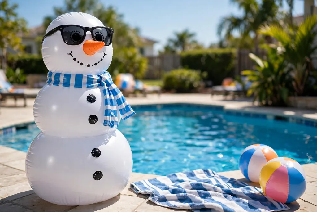 Inflatable snowman with sunglasses beside a pool with a beach towel and beach balls.