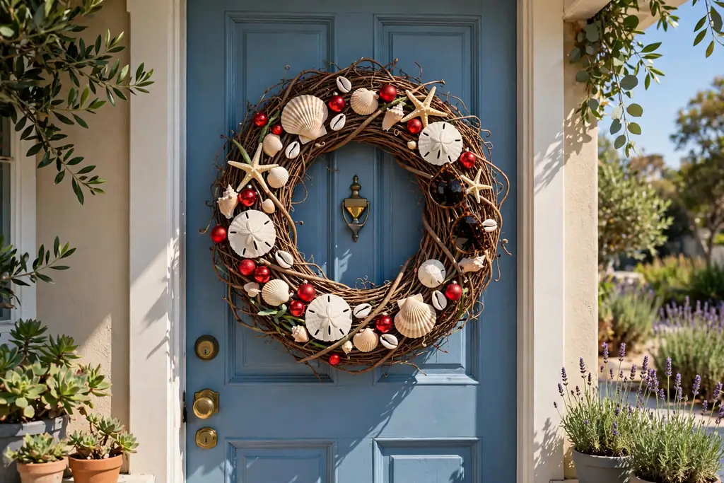 Front door wreath made from grapevine, seashells, small red ornaments, and sunglasses.