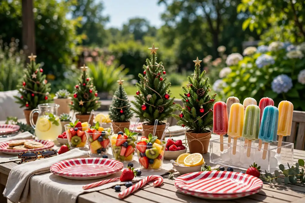 Dessert table with mini Christmas trees, striped plates, ice pops, and fruit cups.