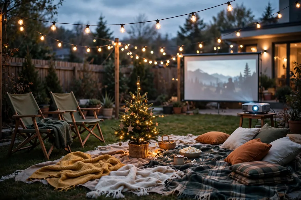 Backyard movie night with blankets, lawn chairs, string lights, and a small Christmas tree.