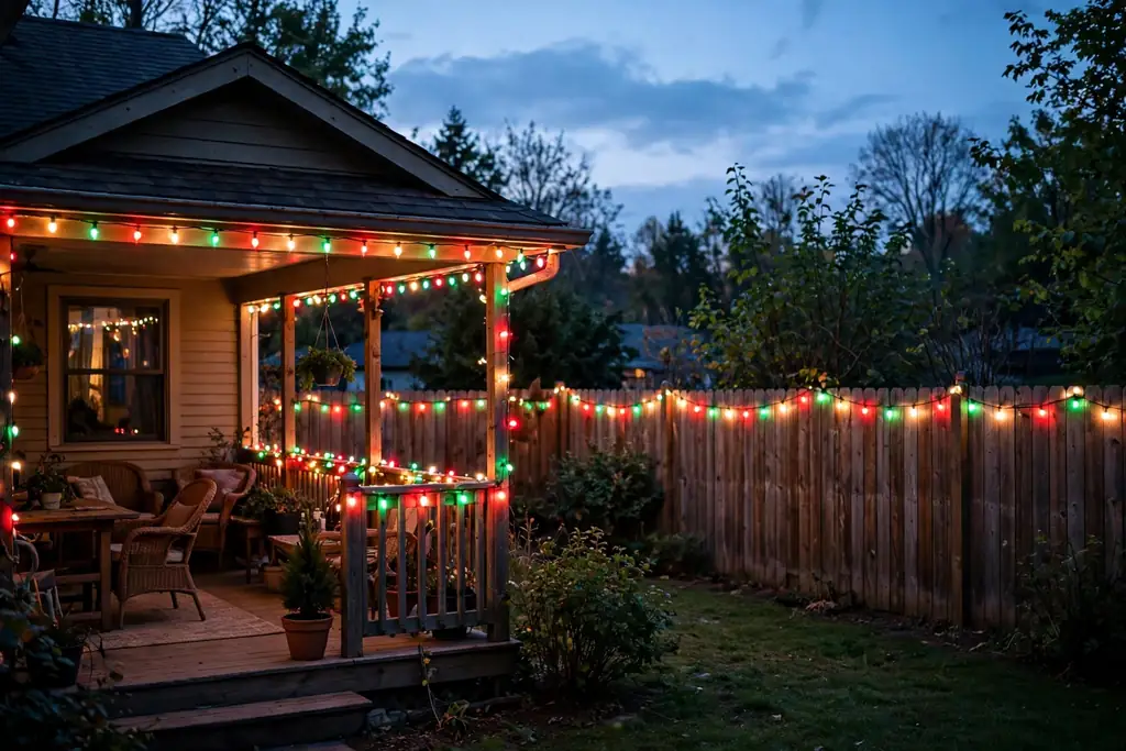 Backyard fence and porch outlined with red, green, and white outdoor lights at dusk.
