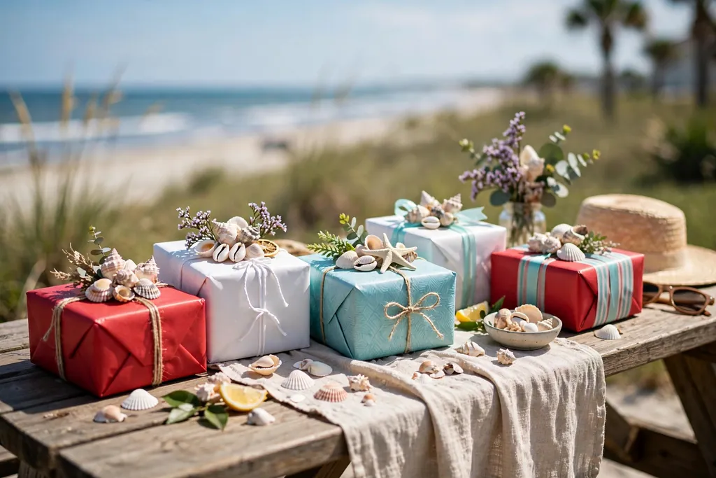 Gift exchange table with gifts wrapped in red, white, and aqua paper topped with small shells.