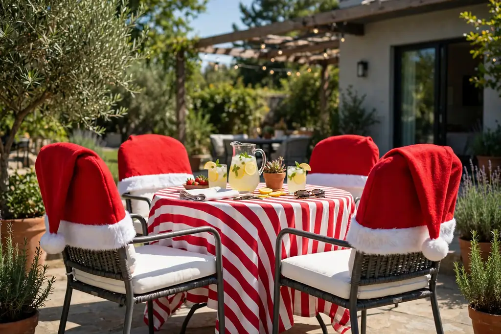 Patio chairs with red Santa hat chair covers and white cushions around a striped table.