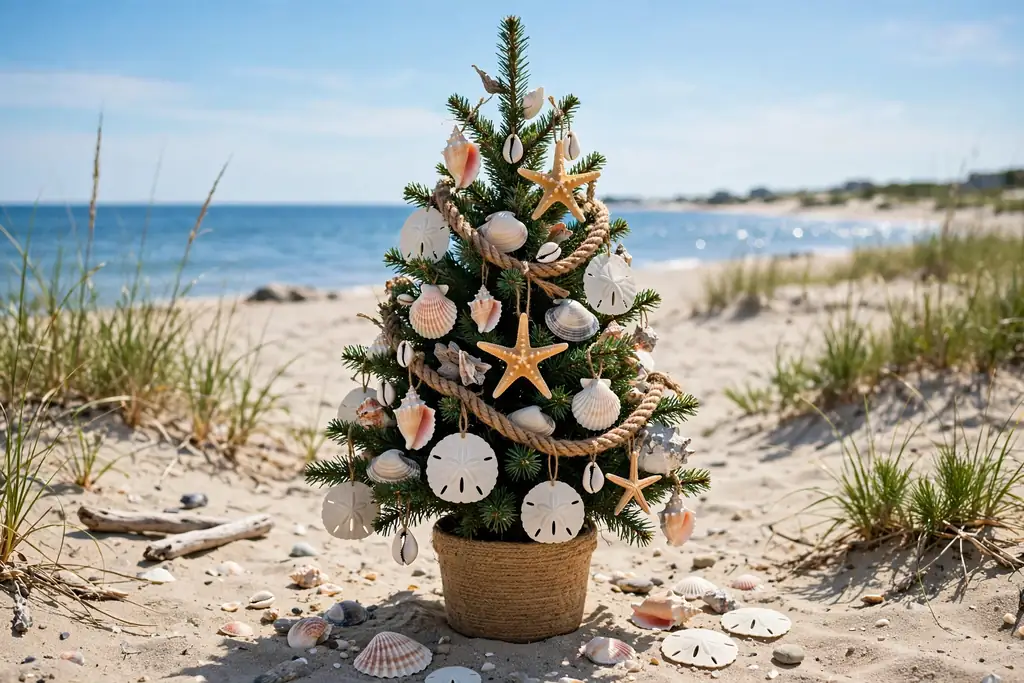 Small Christmas tree decorated with seashells, starfish, sand dollars, and rope garland.