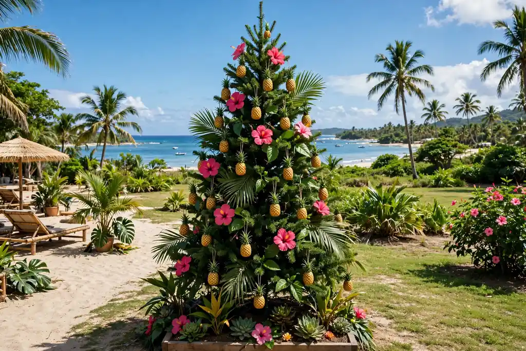Christmas tree decorated with small pineapple ornaments, hibiscus flowers, and palm leaves.