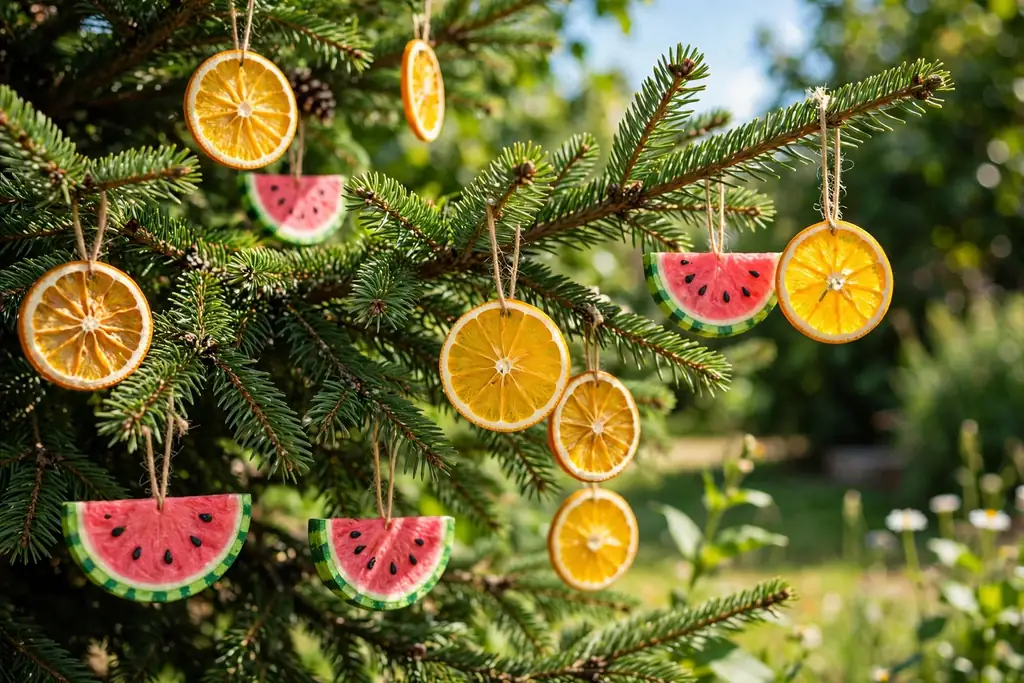 Christmas tree branch with citrus slice and watermelon slice ornaments in bright colors.