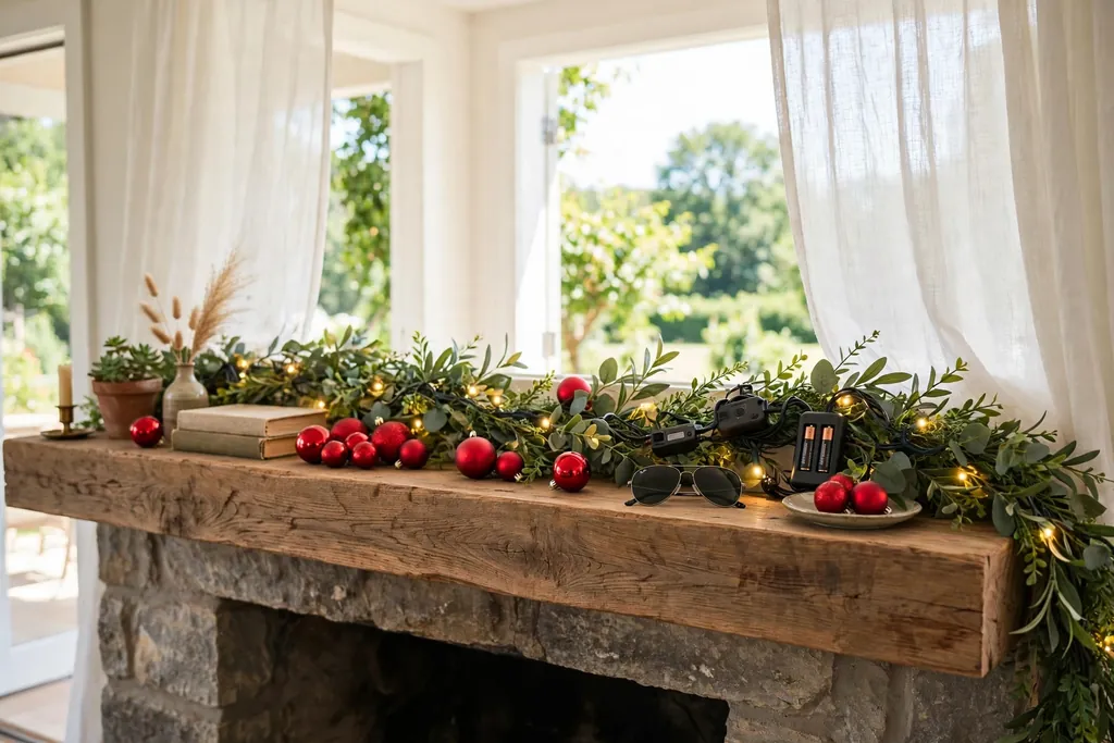 Living room mantel with faux greenery garland, sunglasses, red ornaments, and battery lights.